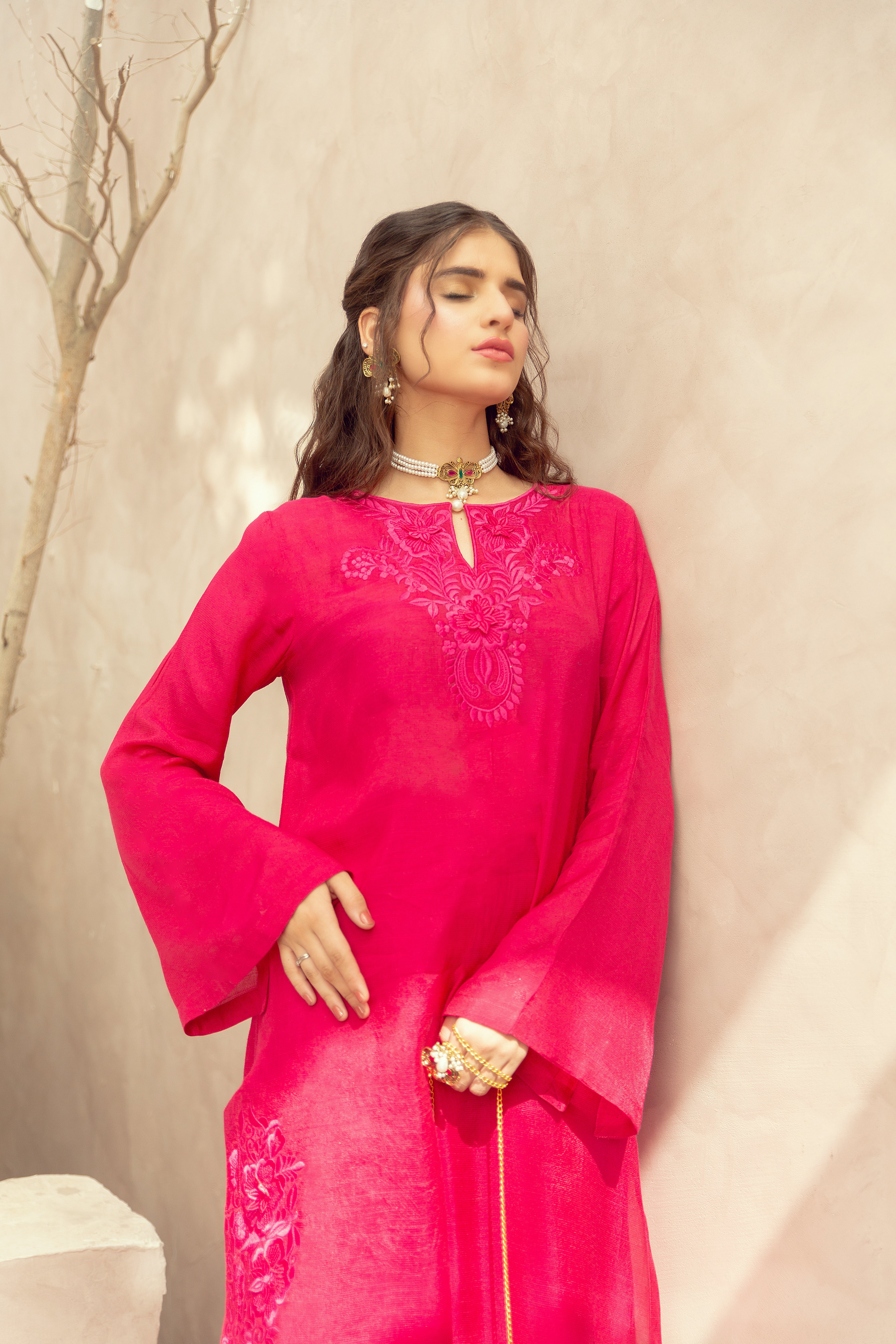 Embroidered Suit - Fuchsia Pink